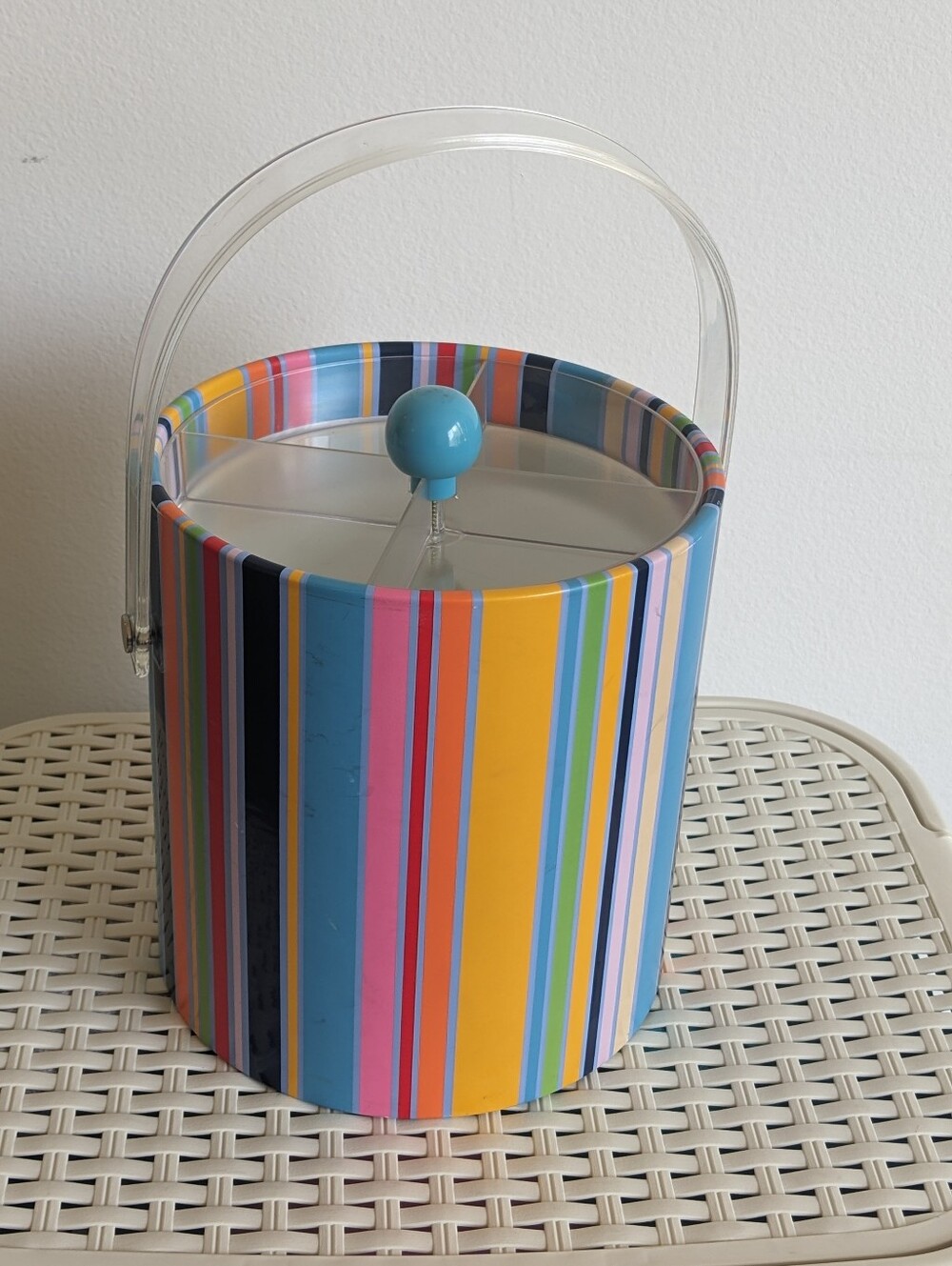 Vintage Striped Ice Bucket Clear Handle Segmented Lid Bar Cooler Pre-owned Scuff